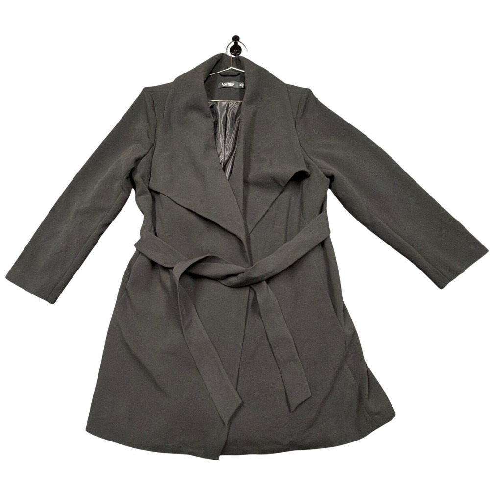 Lauren Ralph Lauren Coat Womens 1X Black Wrap Tie Waist Draped Open Front Trench